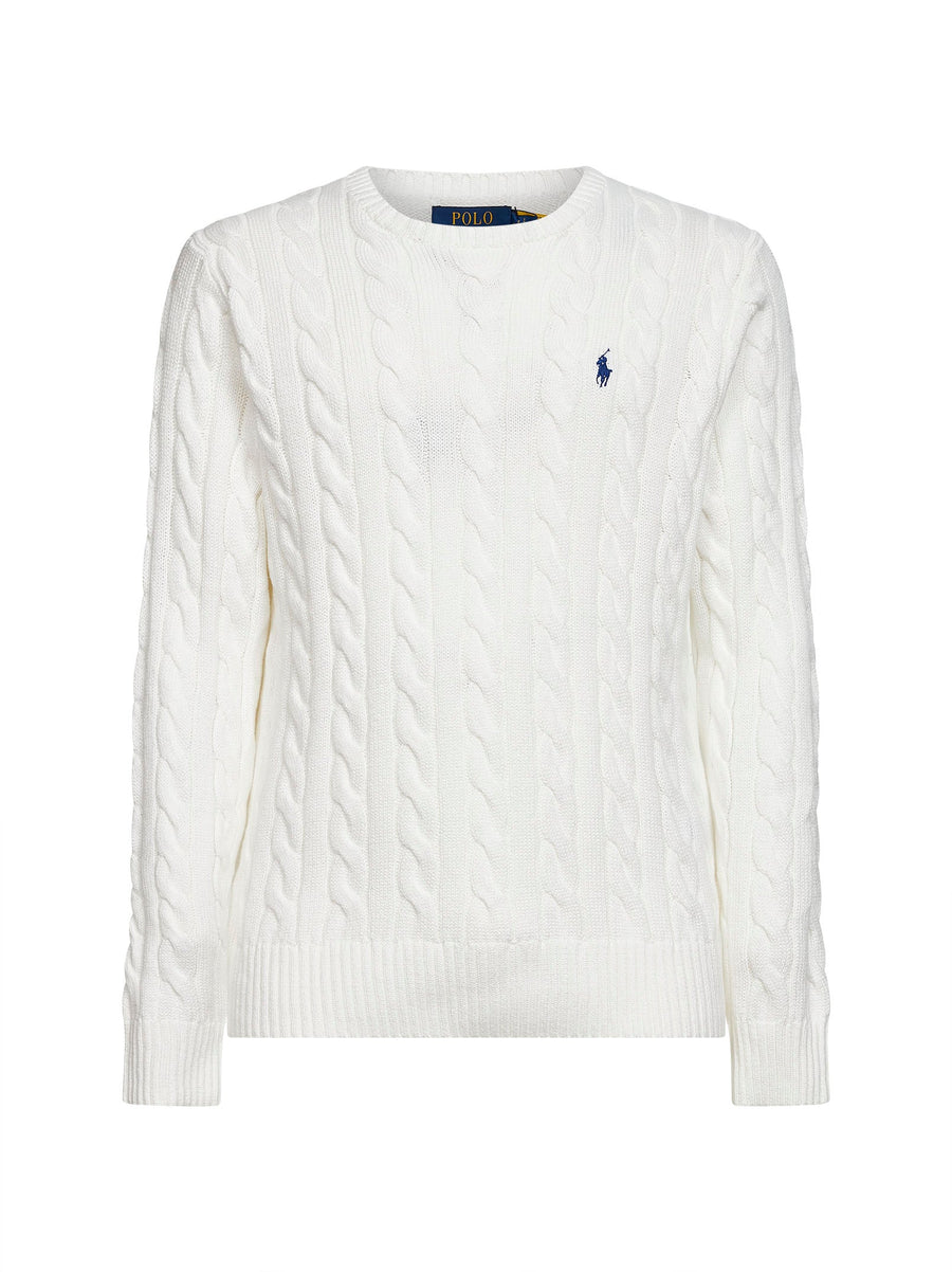 White Cable Knit Cotton Crewneck Sweater Natural (veg) ->