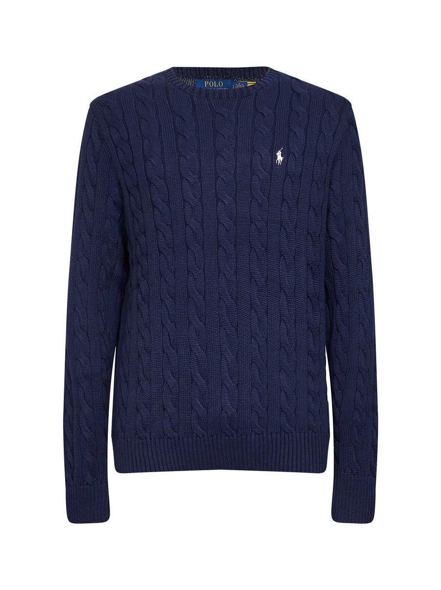Crewneck Cable Knit Sweater Bright Navy Blue Cotton
