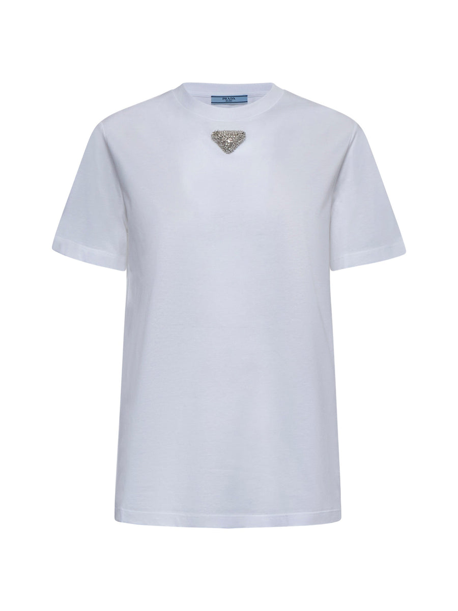 Cotton T-Shirt With Rhinestone Plaque White T-shirts & Jerseys