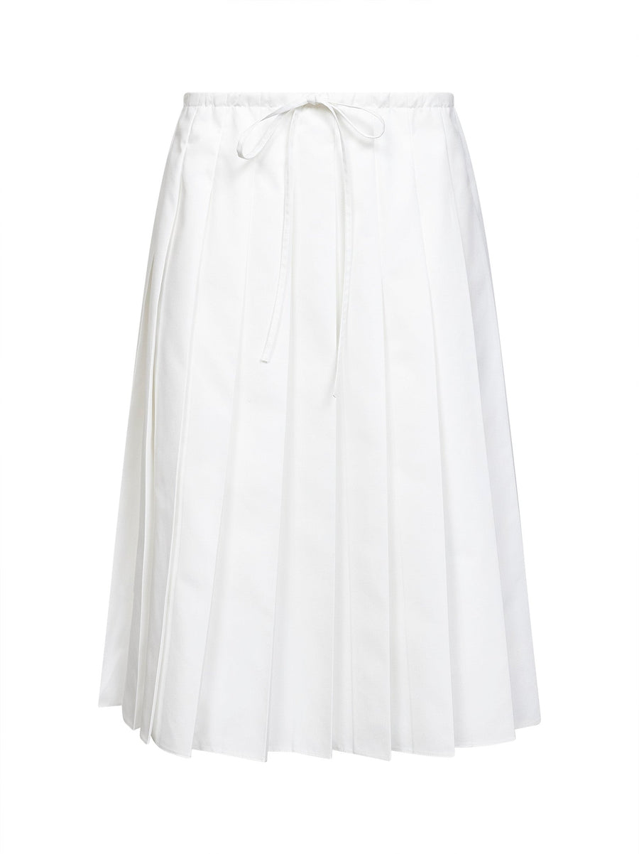White Technical Cotton Blend Pleated Midi Skirt Polyester
