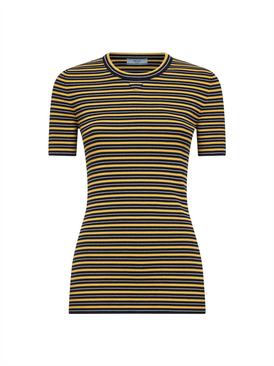 Navy And Yellow Striped Ribbed Knit Sweater Cotton