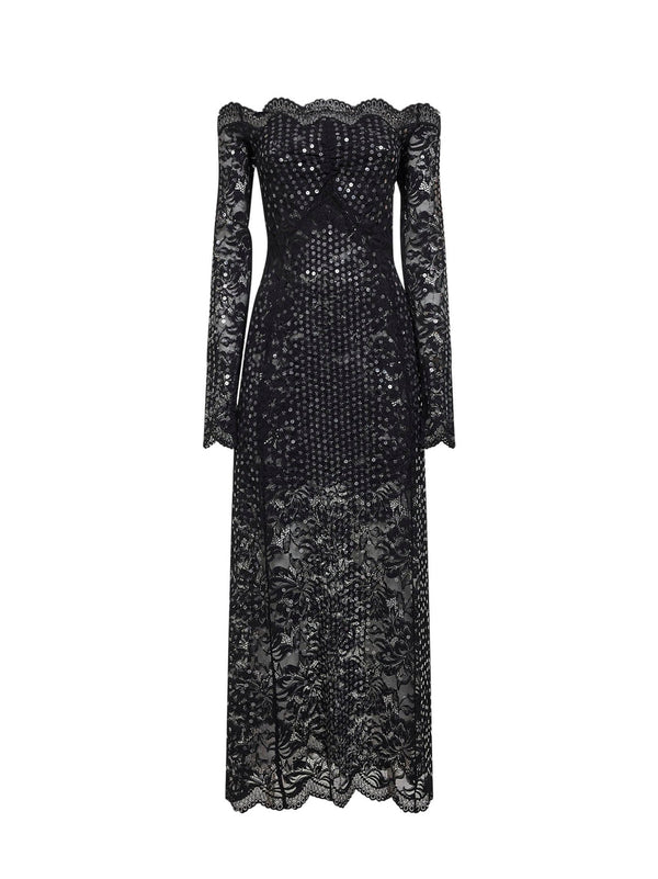 Midi Dress Black Embroidered-Sequins Polyamide