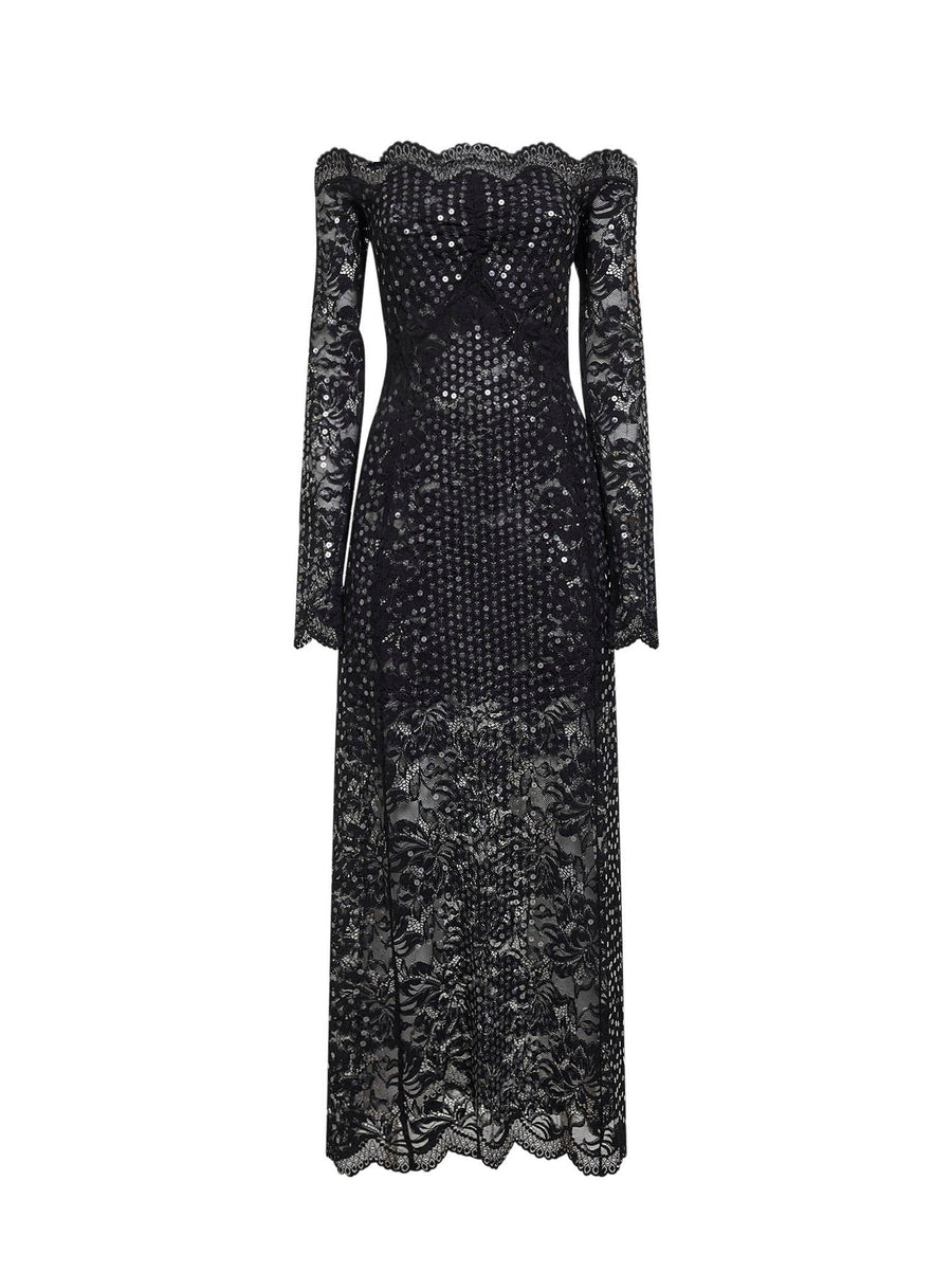 Midi Dress Black Embroidered-Sequins Polyamide