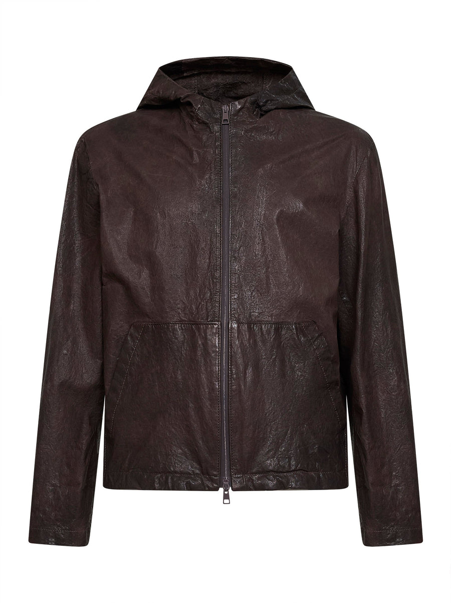 Hooded Jacket Coffee Crinkled Leather Brown Ovine Bomber