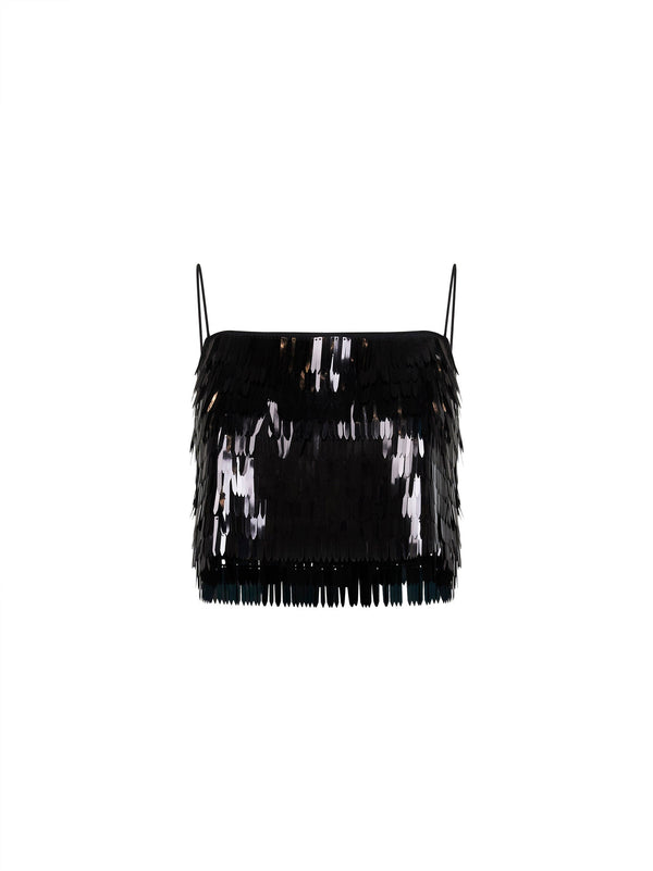 Cropped Sequin Top Black Polyester Tops