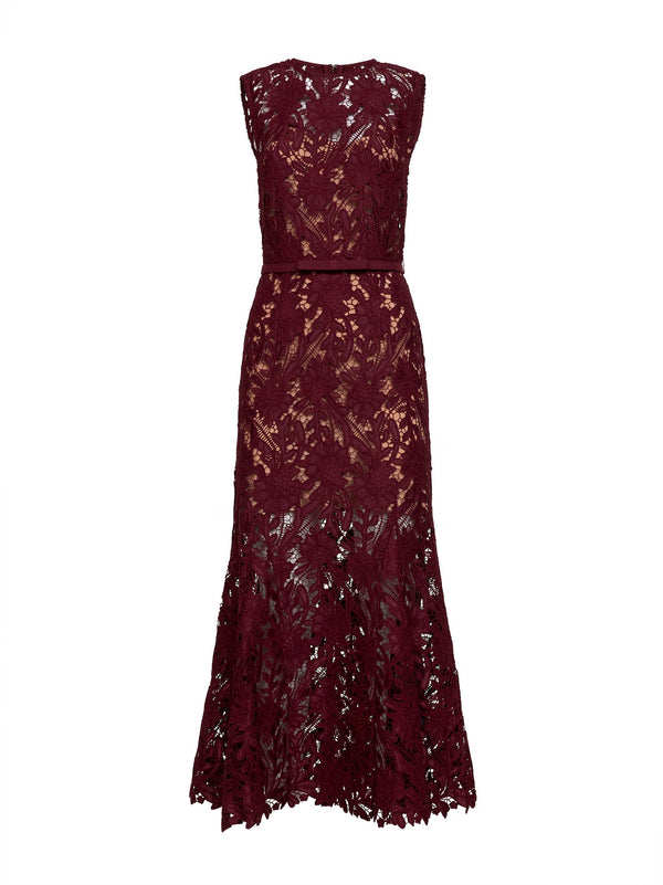 Burgundy Guipure Lace Belted Midi Dress Polyester
