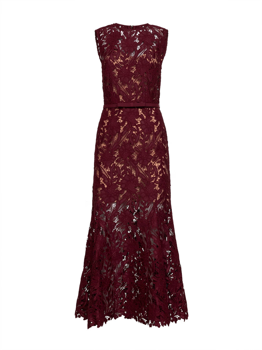 Burgundy Guipure Lace Belted Midi Dress Polyester