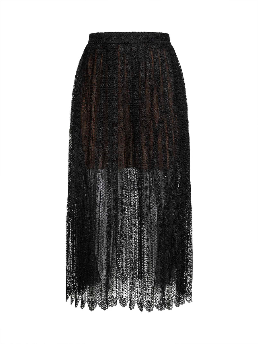 Black Organza Lace Midi Skirt Polyester