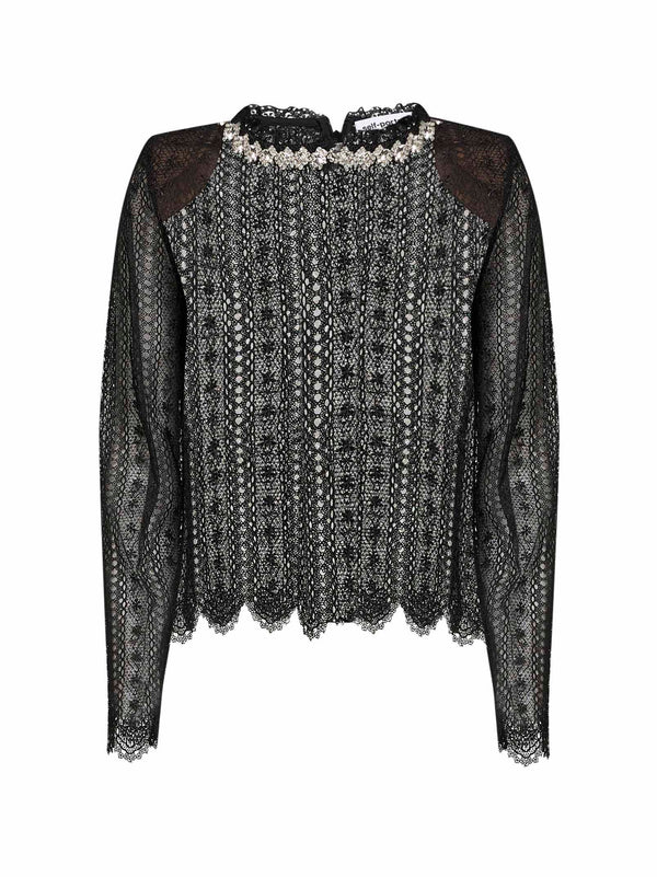 Black Organza Lace Crystal-Embellished Top Polyester Tops