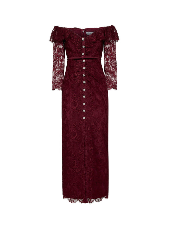 Dress Off-The-Shoulder Lace Maxi Burgundy Cotton