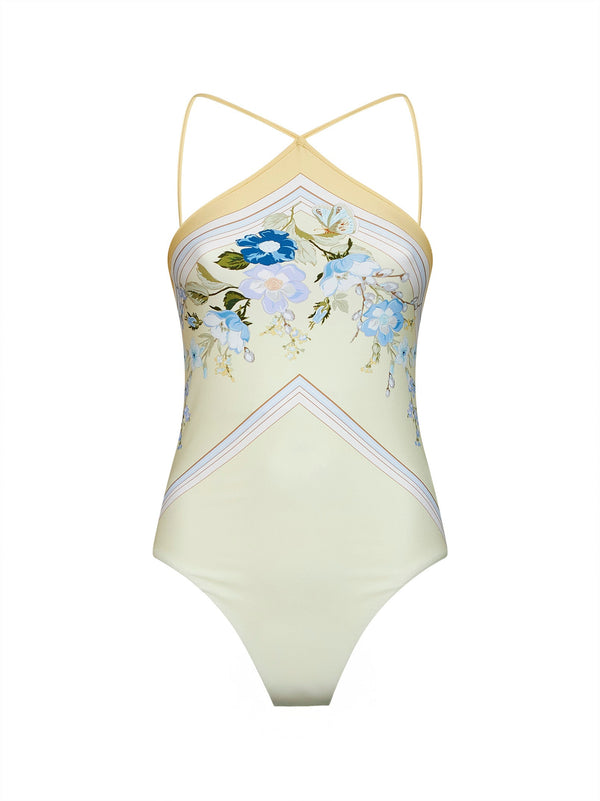 One-Piece Swimsuit Scarf-Inspired Floral Yellow Polyamide Swimwear