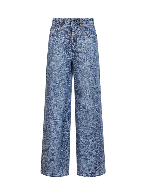 Jeans Croc-Effect Rhinestone Blue Polyester