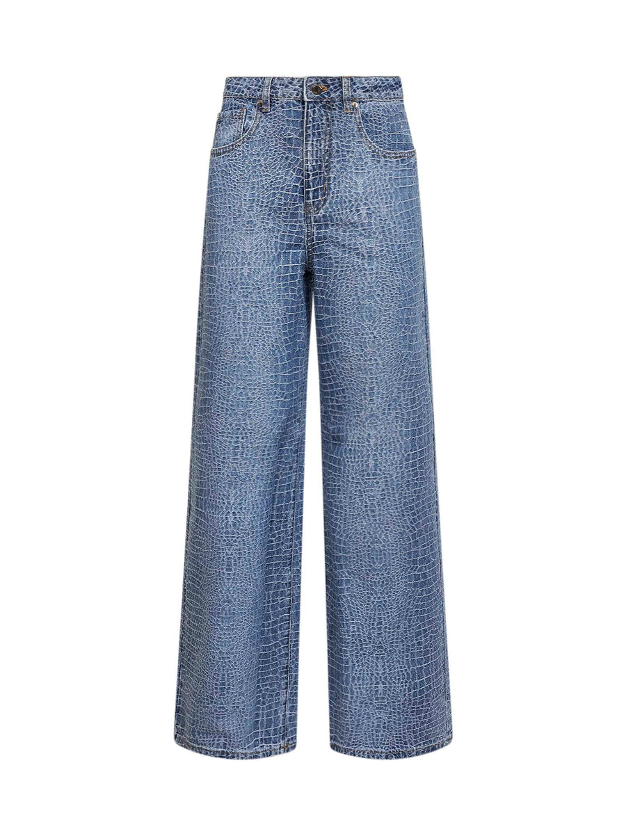 Jeans Croc-Effect Rhinestone Blue Polyester