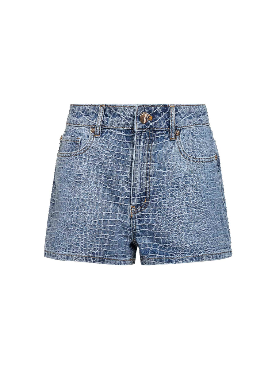 Shorts Croc-Effect Denim Blue Rhinestones Polyester