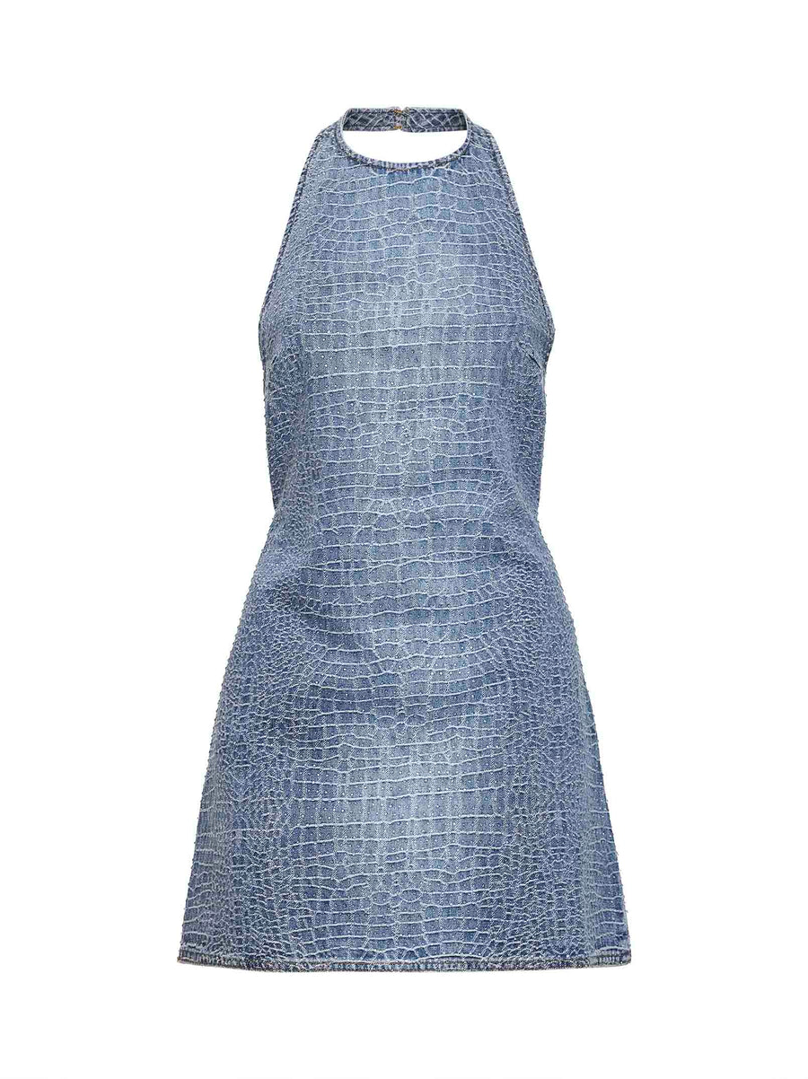 Mini Dress Croc-Effect Denim Blue Polyester