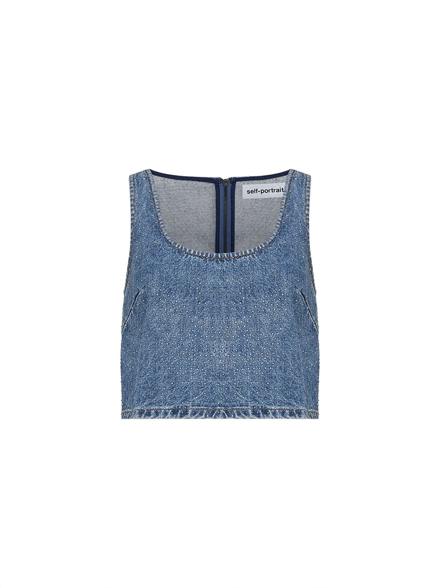 Blue Rhinestone Denim Crop Top Cotton