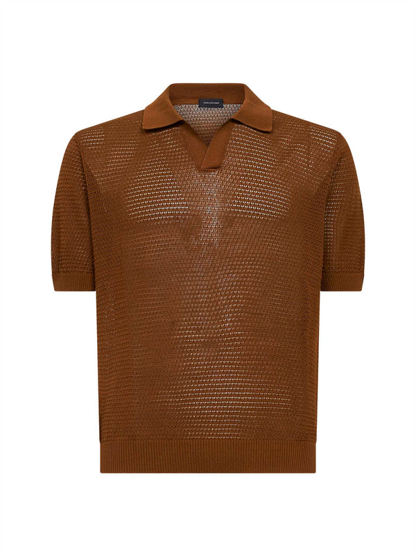 Polo Shirt Cognac Cotton Pointelle Brown