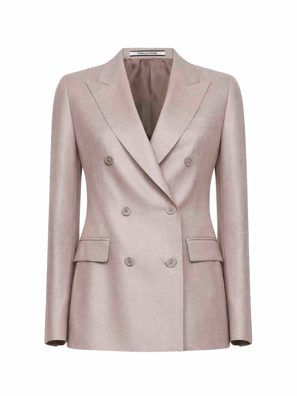 Double-Breasted Blazer Beige Wool-Silk-Linen Virgin Wool Jacket