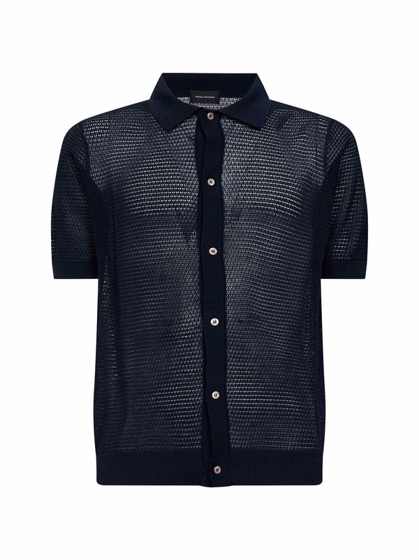 Shirt Pointelle Knit Navy Blue Cotton