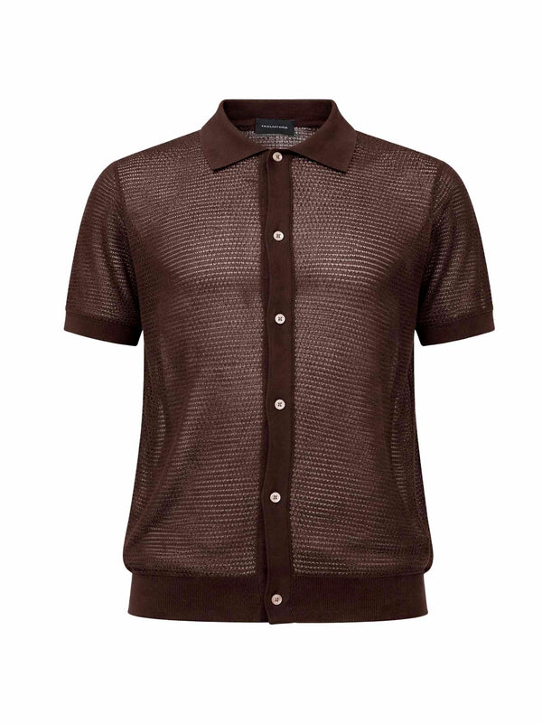 Short-Sleeve Pointelle Knit Shirt Brown Cotton