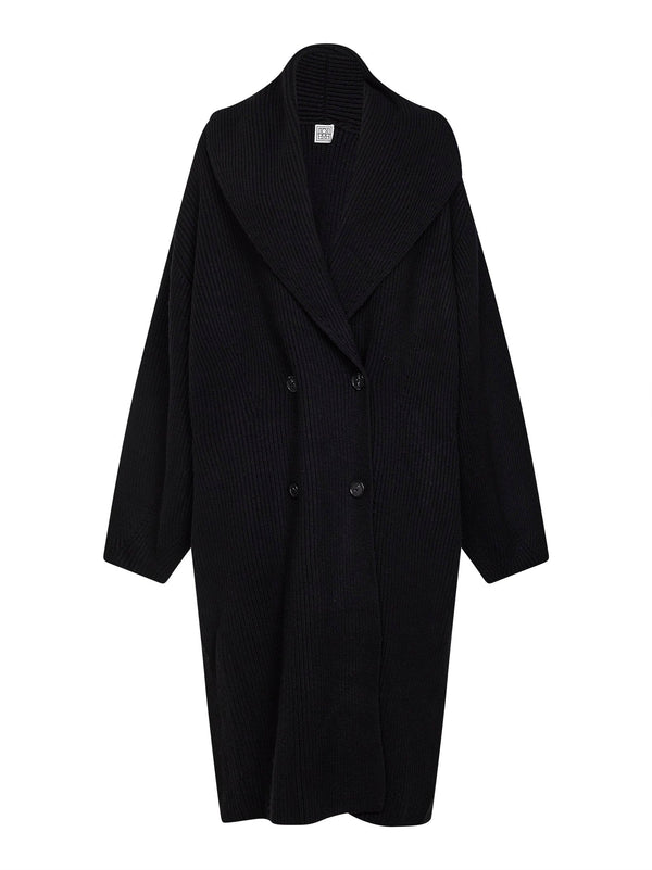 Black Ribbed Wool Shawl-Lapel Long Cardigan Cardigans