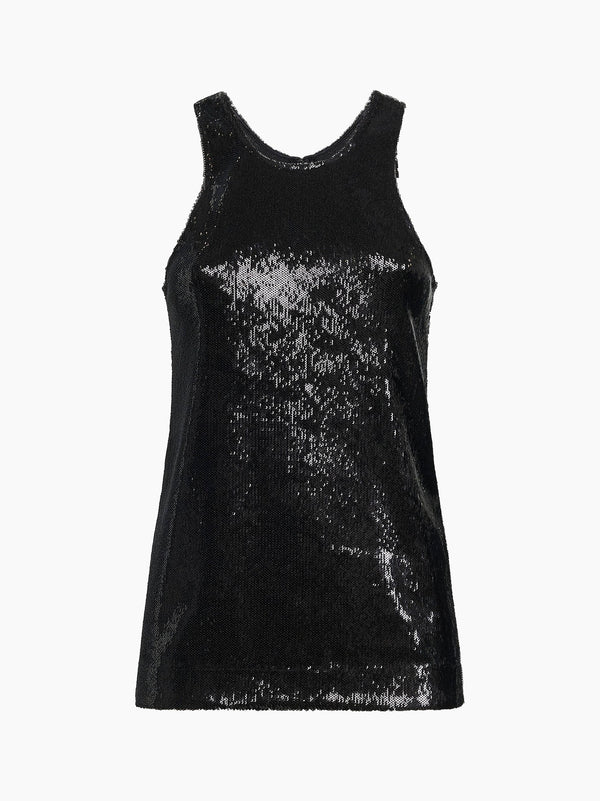 Black Sequin Curved Tank Top Polyester