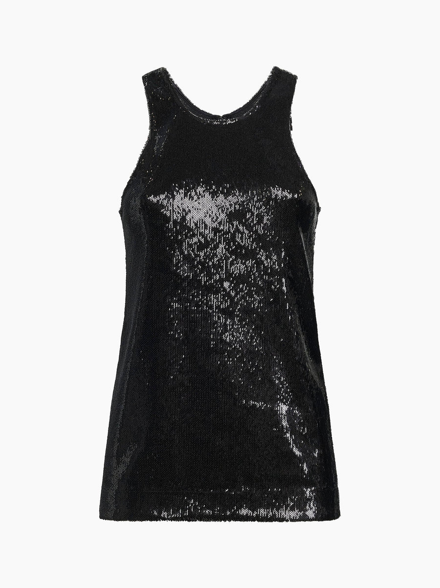 Black Sequin Curved Tank Top Polyester