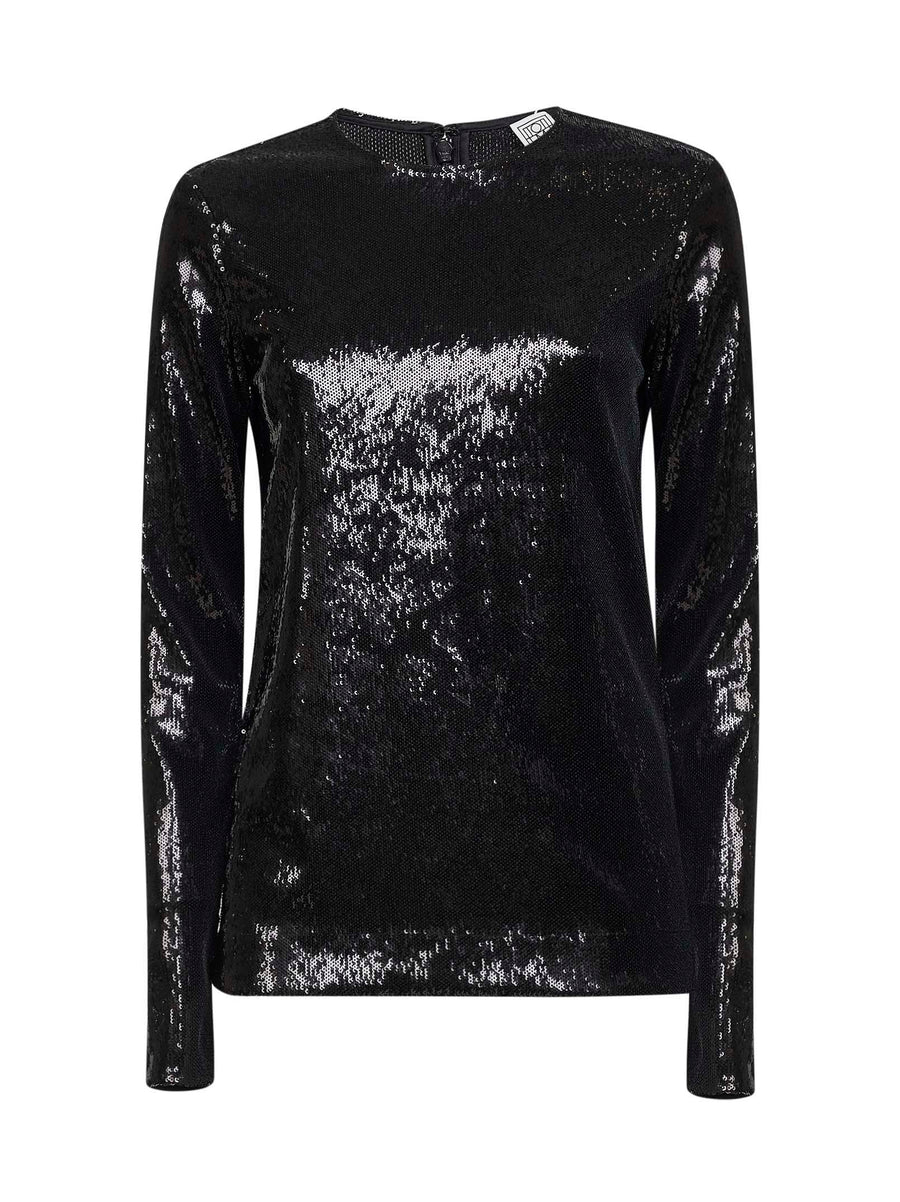 Black Sequin Long-Sleeved Top Polyester Knitwear