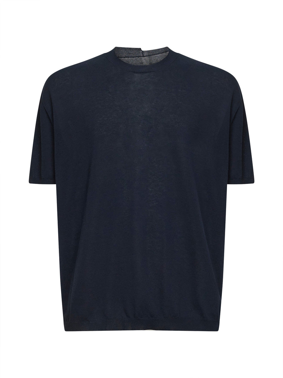 Blue Wool And Silk Crepe Crewneck Sweater Cotton