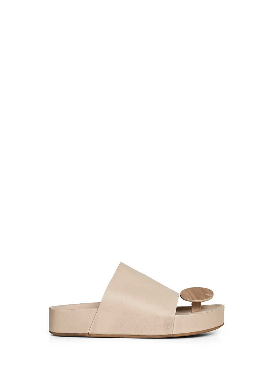 Beige Leather Round Thong Sandals Bovine