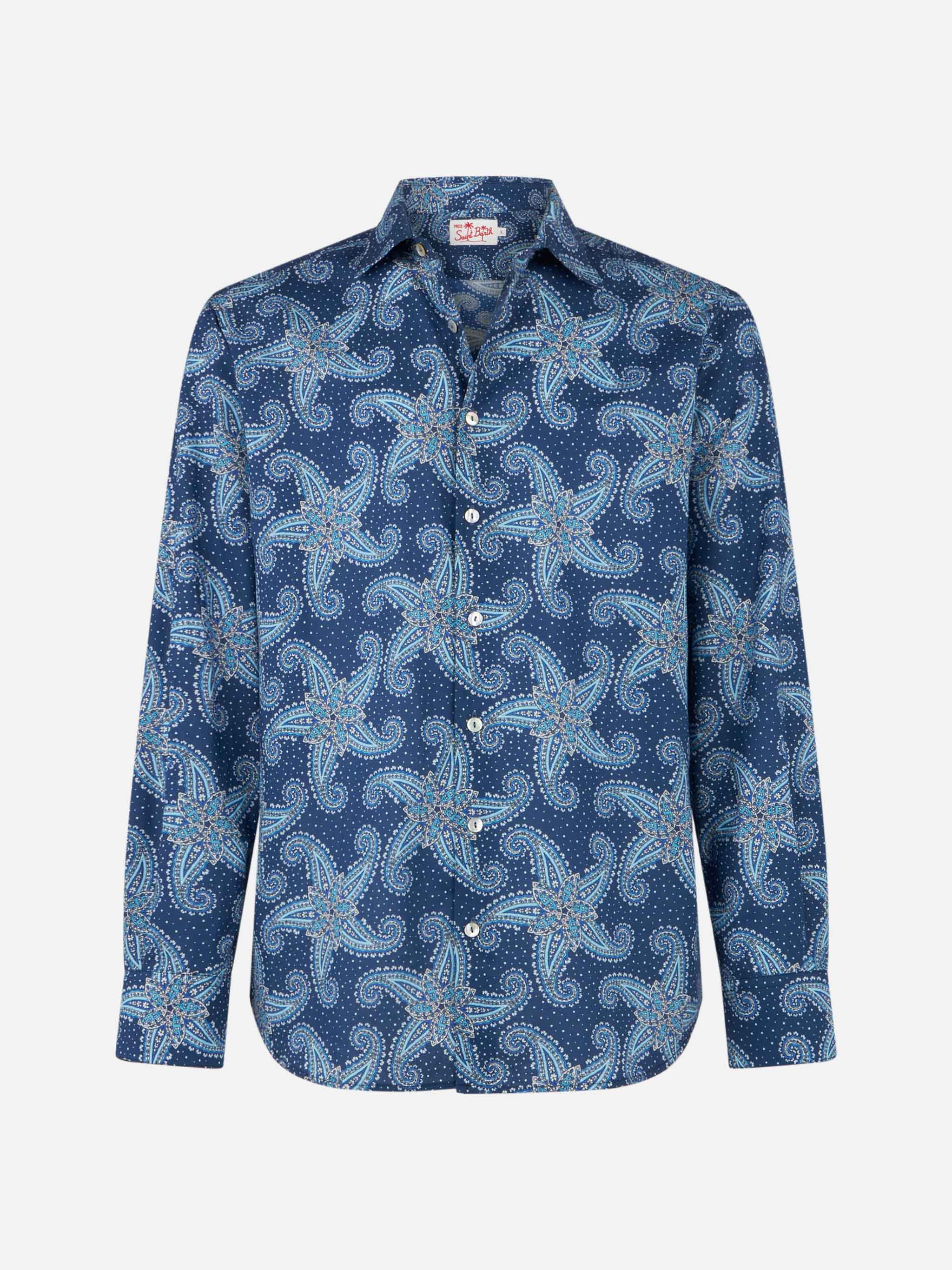 Man Muslin Cotton Sikelia Shirt With Paisley Star Print Blue