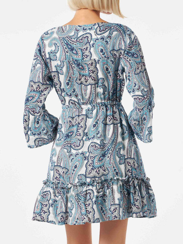 Hemil Linen Short Dress With Paisley Print Blue