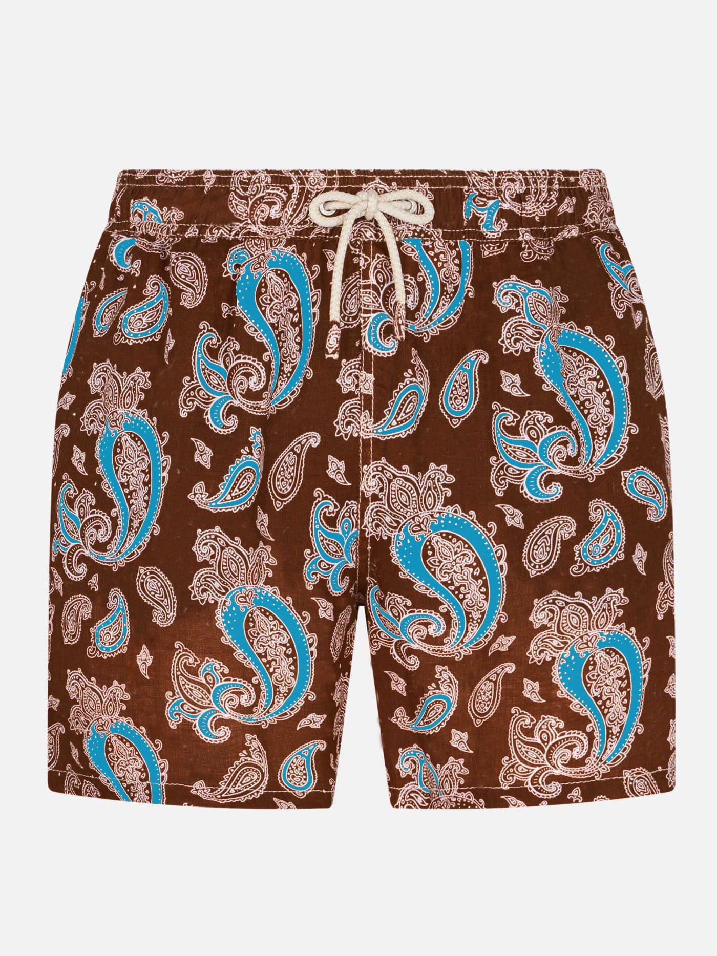 Man Linen Swim Shorts With Paisley Print Brown Swimshort