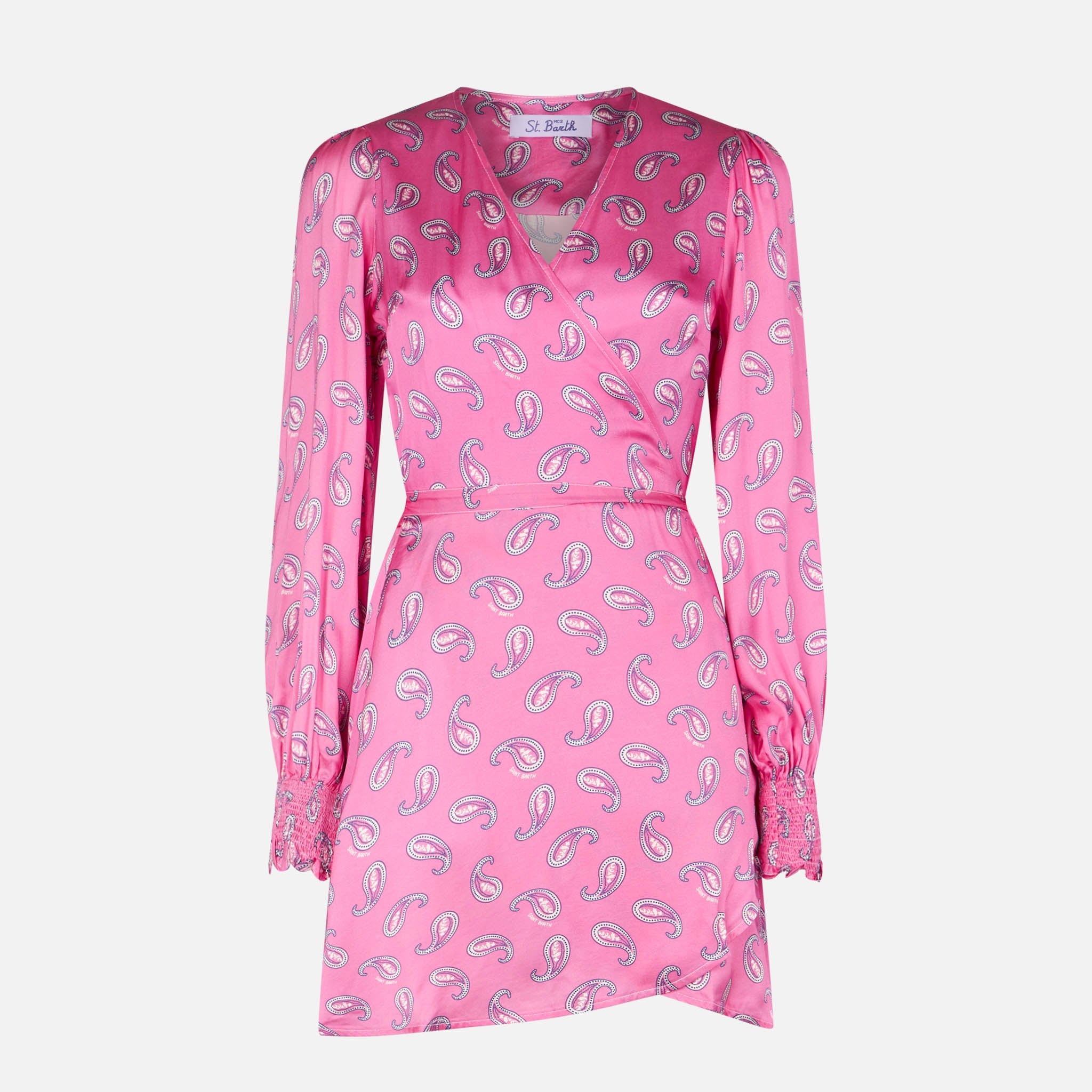 Satin Wrap Dress With Paisley Print Pink
