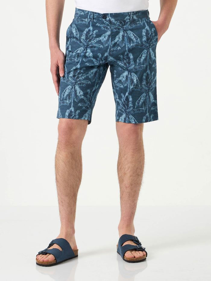 Man Cotton Bermuda With Palm Print Blue Pant
