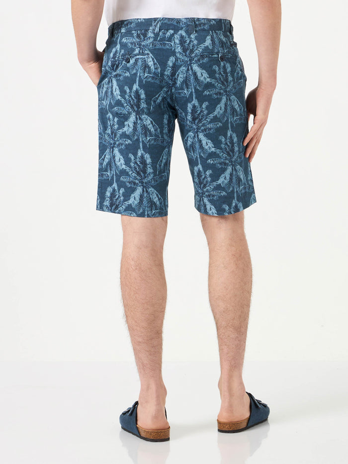 Man Cotton Bermuda With Palm Print Blue Pant