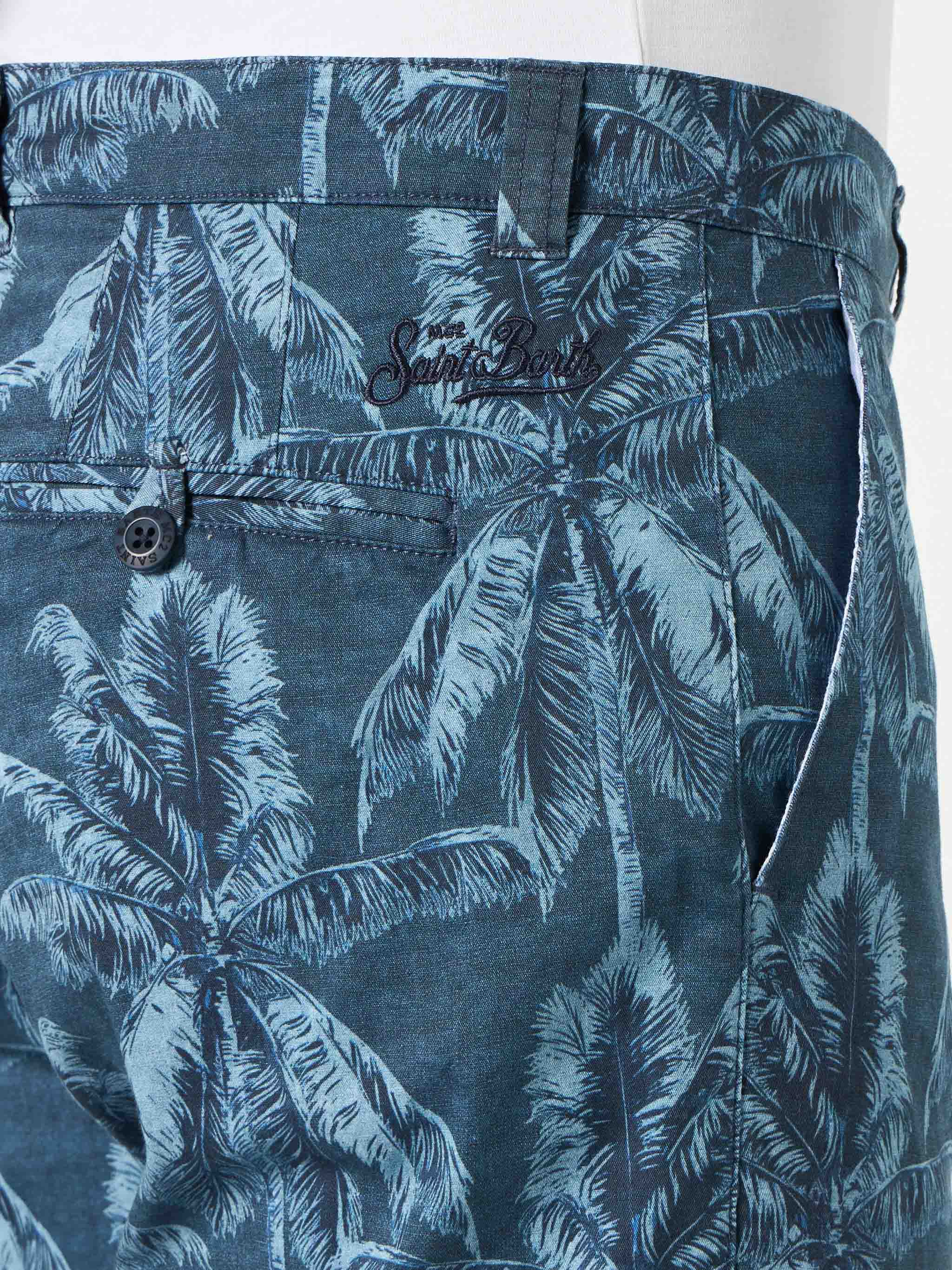Man Cotton Bermuda With Palm Print Blue Pant
