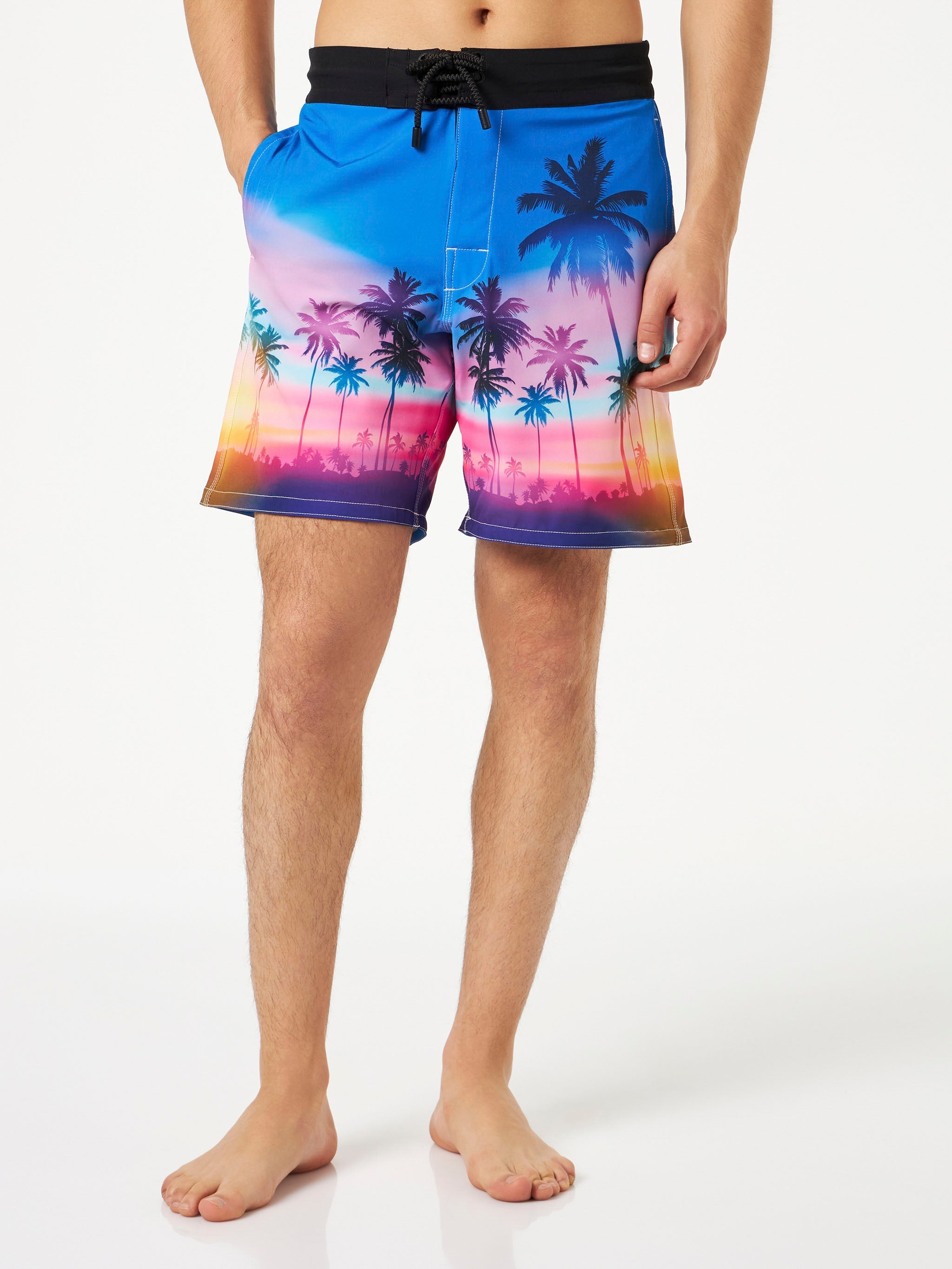 Man Comfort And Stretch Surf Shorts With Palm Print Sky Swimshort