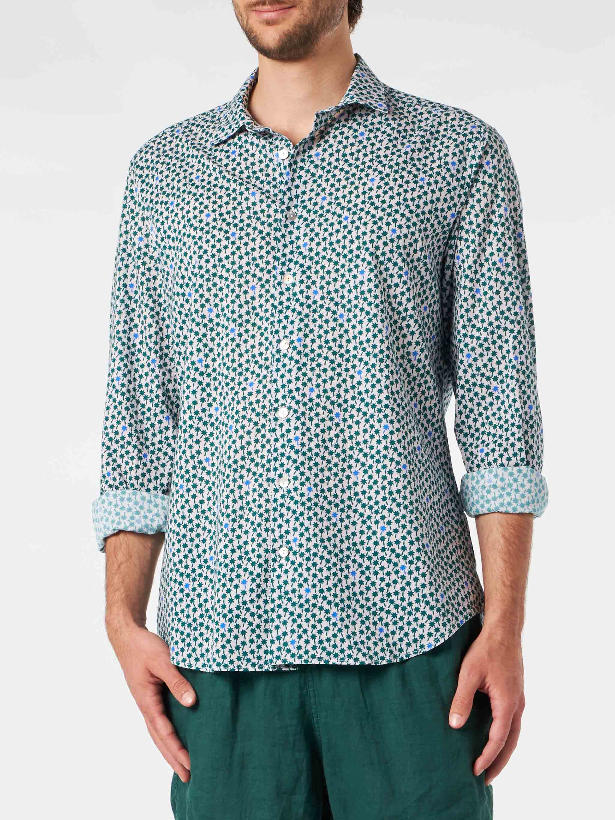 Man Muslin Cotton Sikelia Shirt With Palms Print Pink