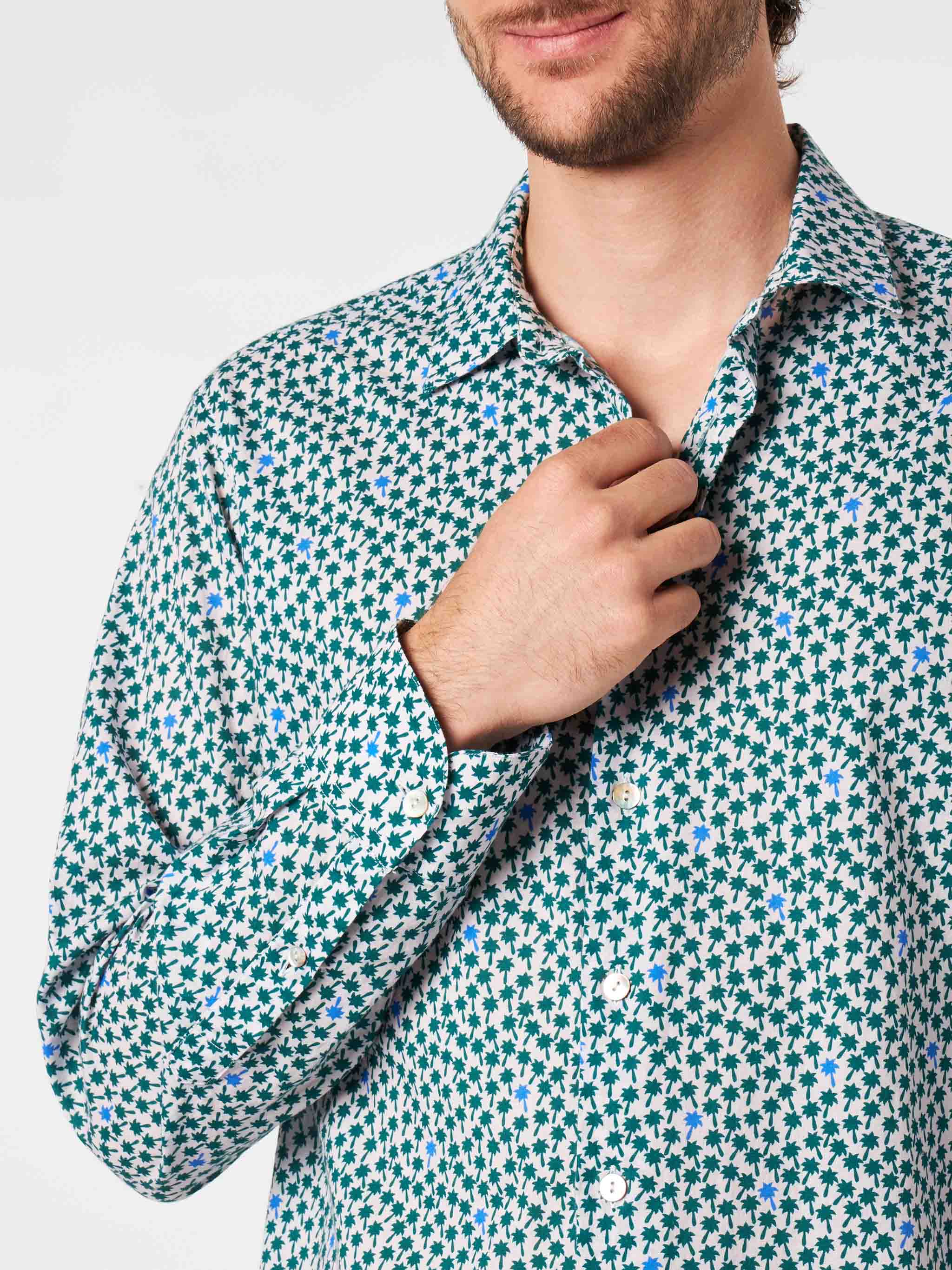 Man Muslin Cotton Sikelia Shirt With Palms Print Pink