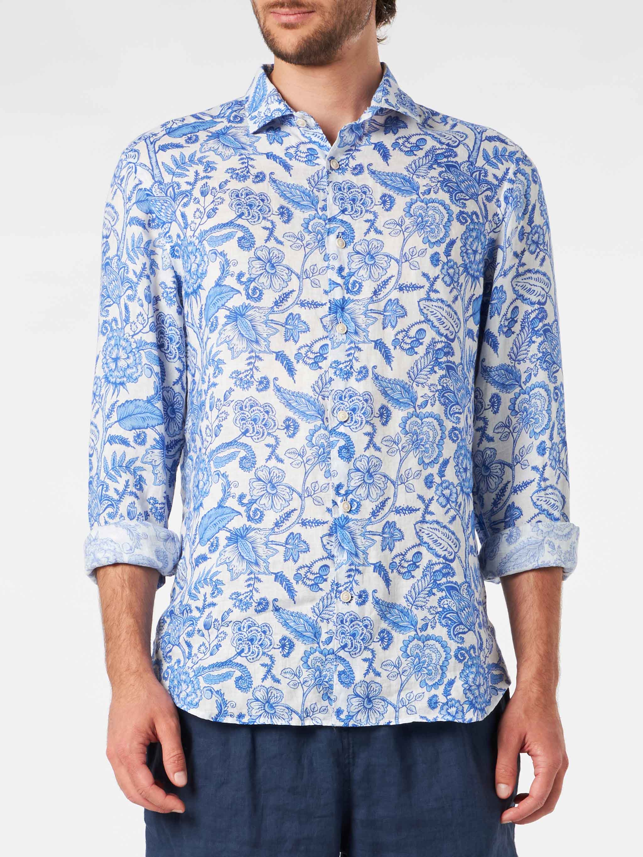 Man Linen Pamplona Shirt With Flower Print White