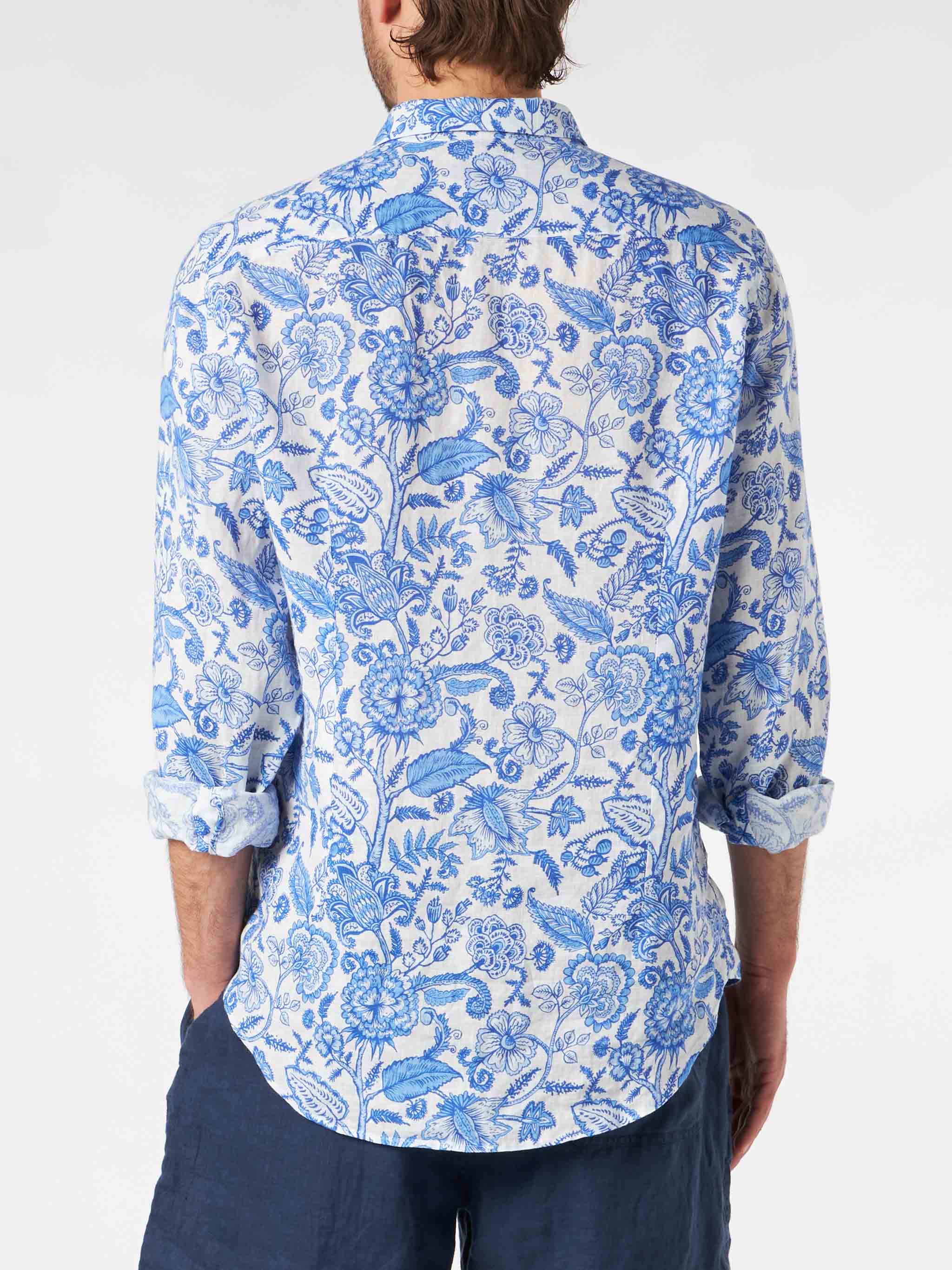 Man Linen Pamplona Shirt With Flower Print White