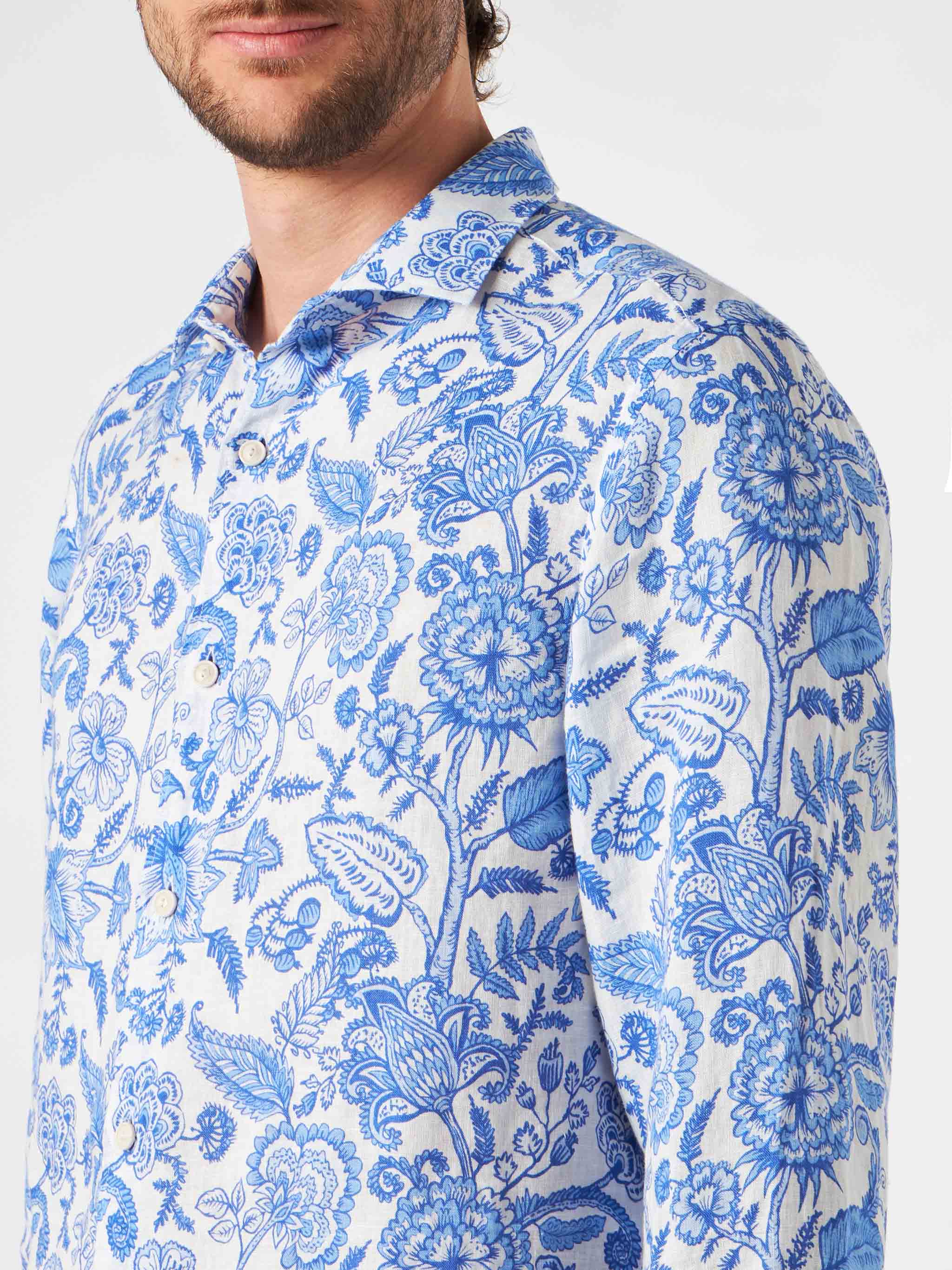 Man Linen Pamplona Shirt With Flower Print White