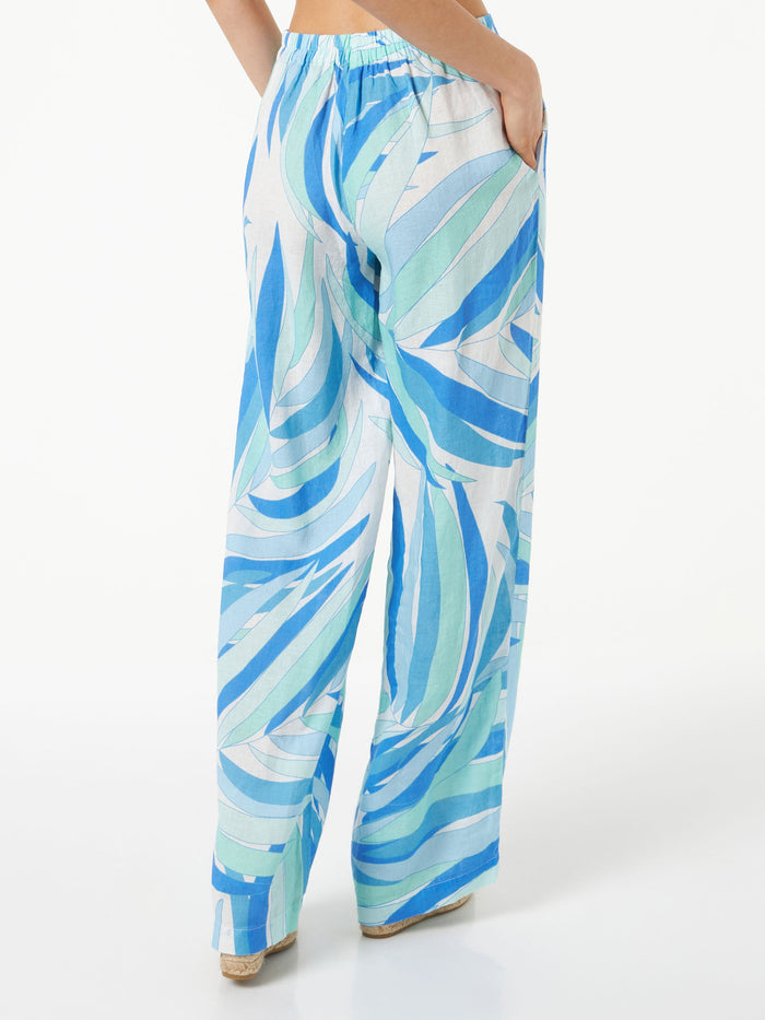 Light Blue Taryn Linen Pants With Palm Print