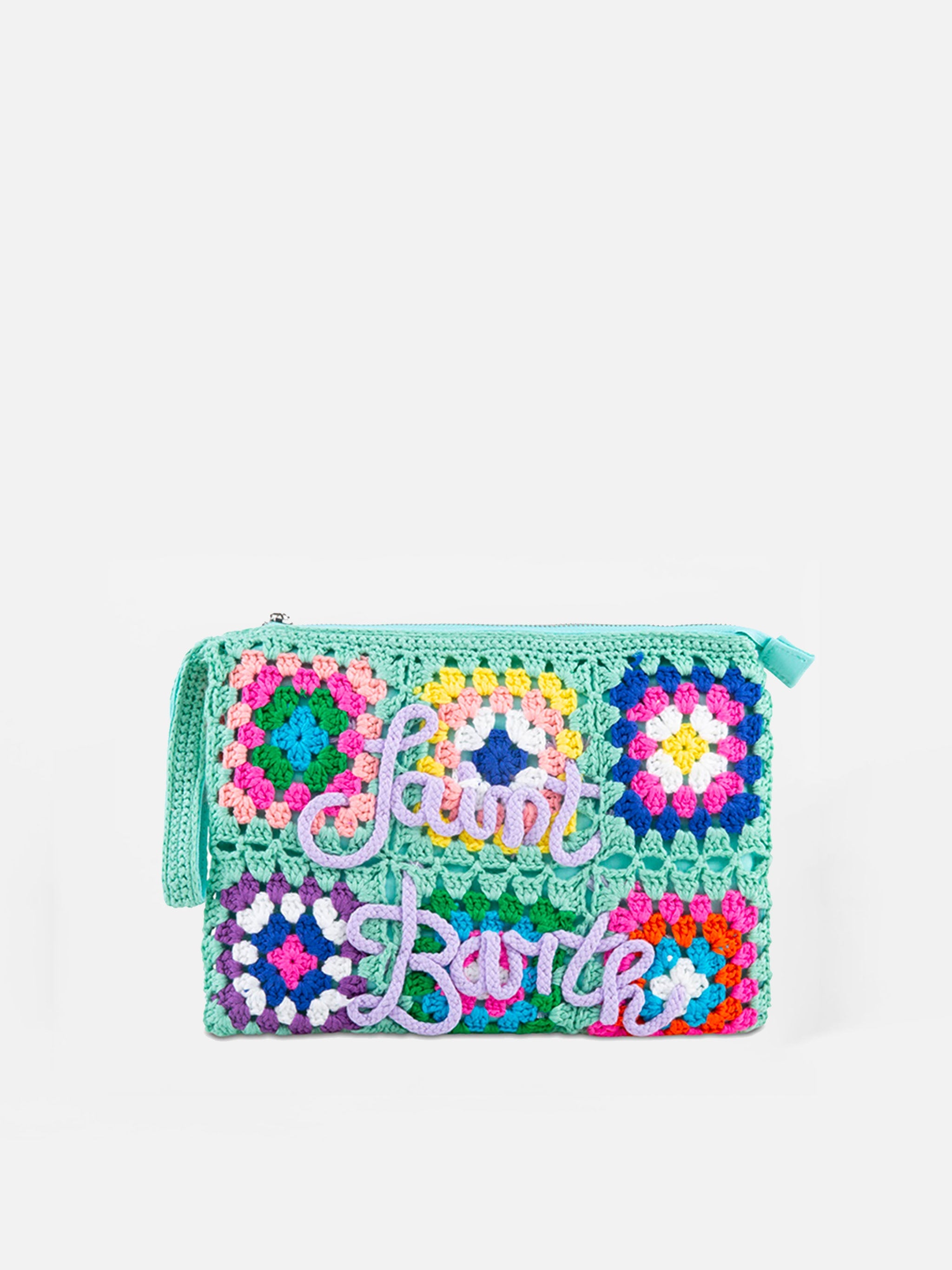 Parisienne Water Green Crochet Pouch Bag With Saint Barth Embroidery Pochette