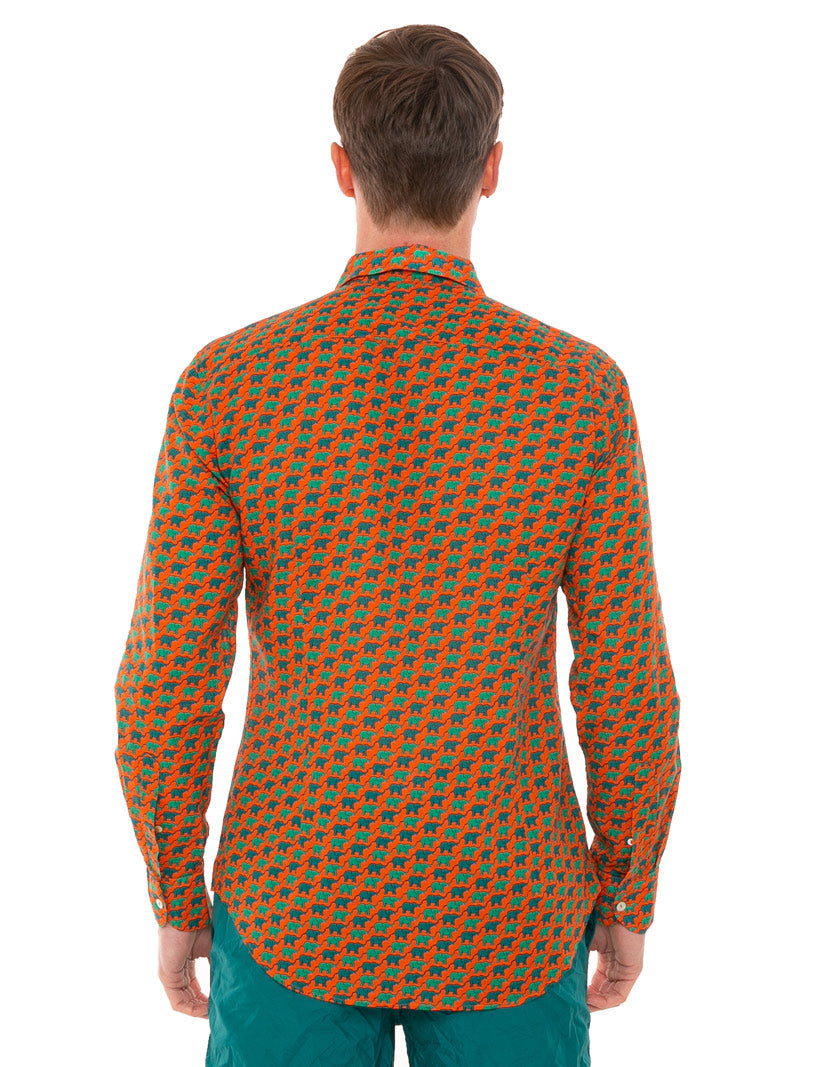 Man Muslin Cotton Sikelia Shirt With Elephant Print Orange