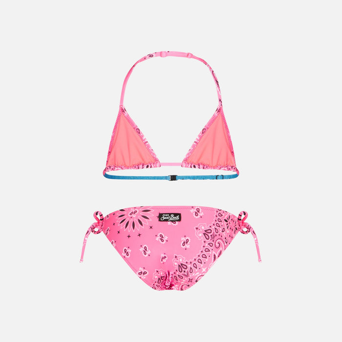 Girl Triangle Bikini With Fluo Pink Bandanna Print __single__