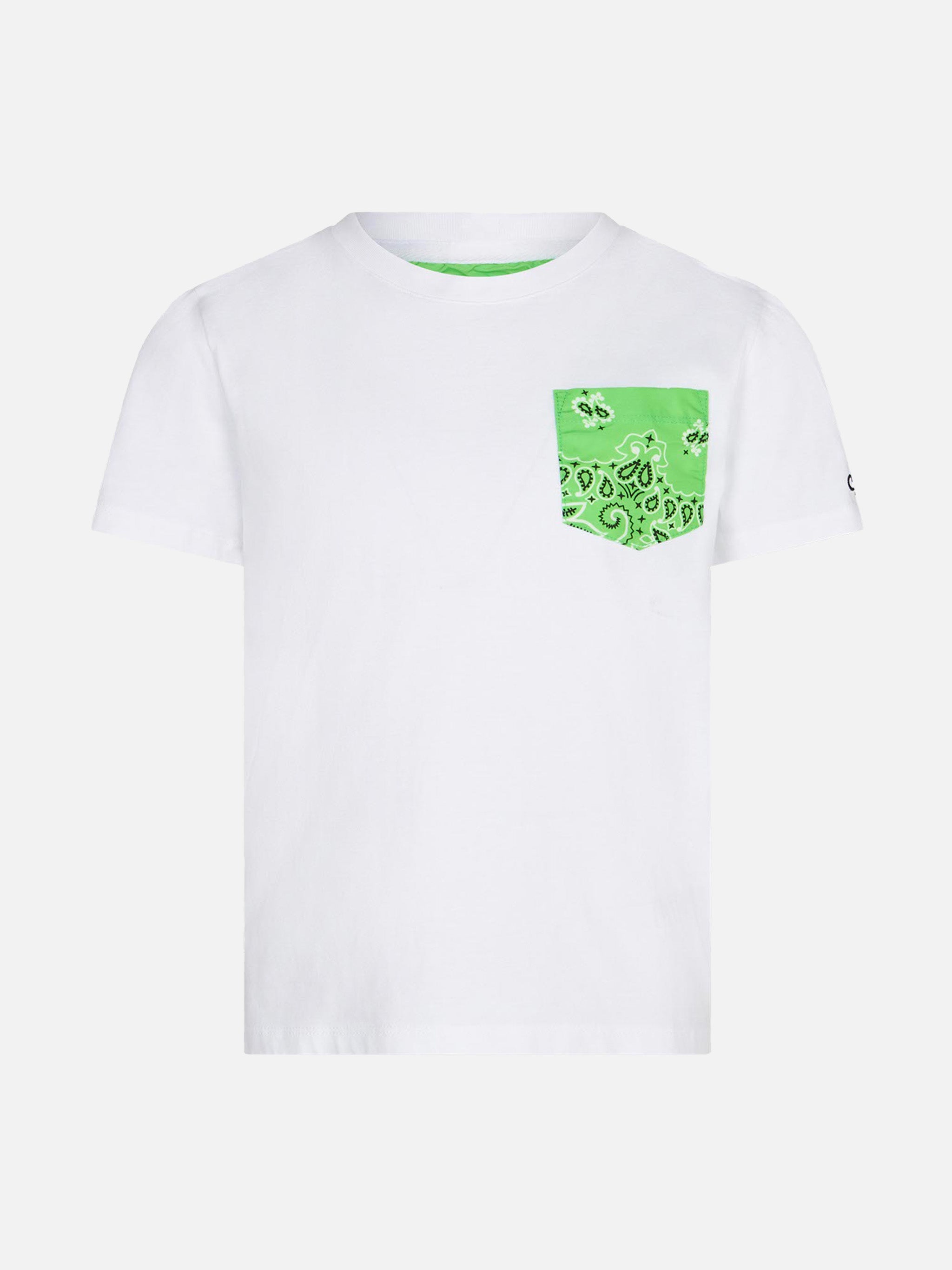 Boy Cotton T-Shirt With Green Bandanna Printed Pocket White