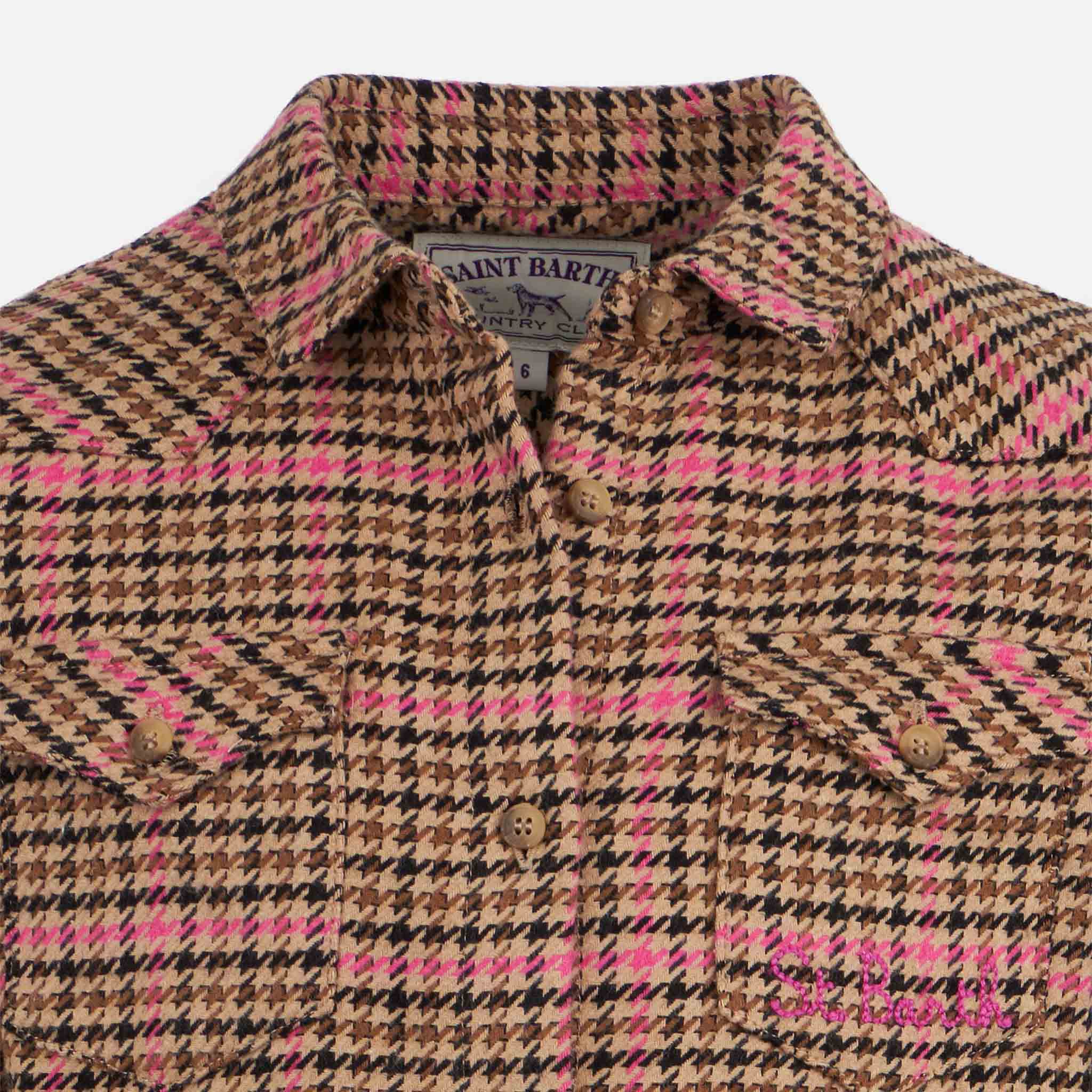 Girl Overshirt With Pied De Poule Print Brown Shirt