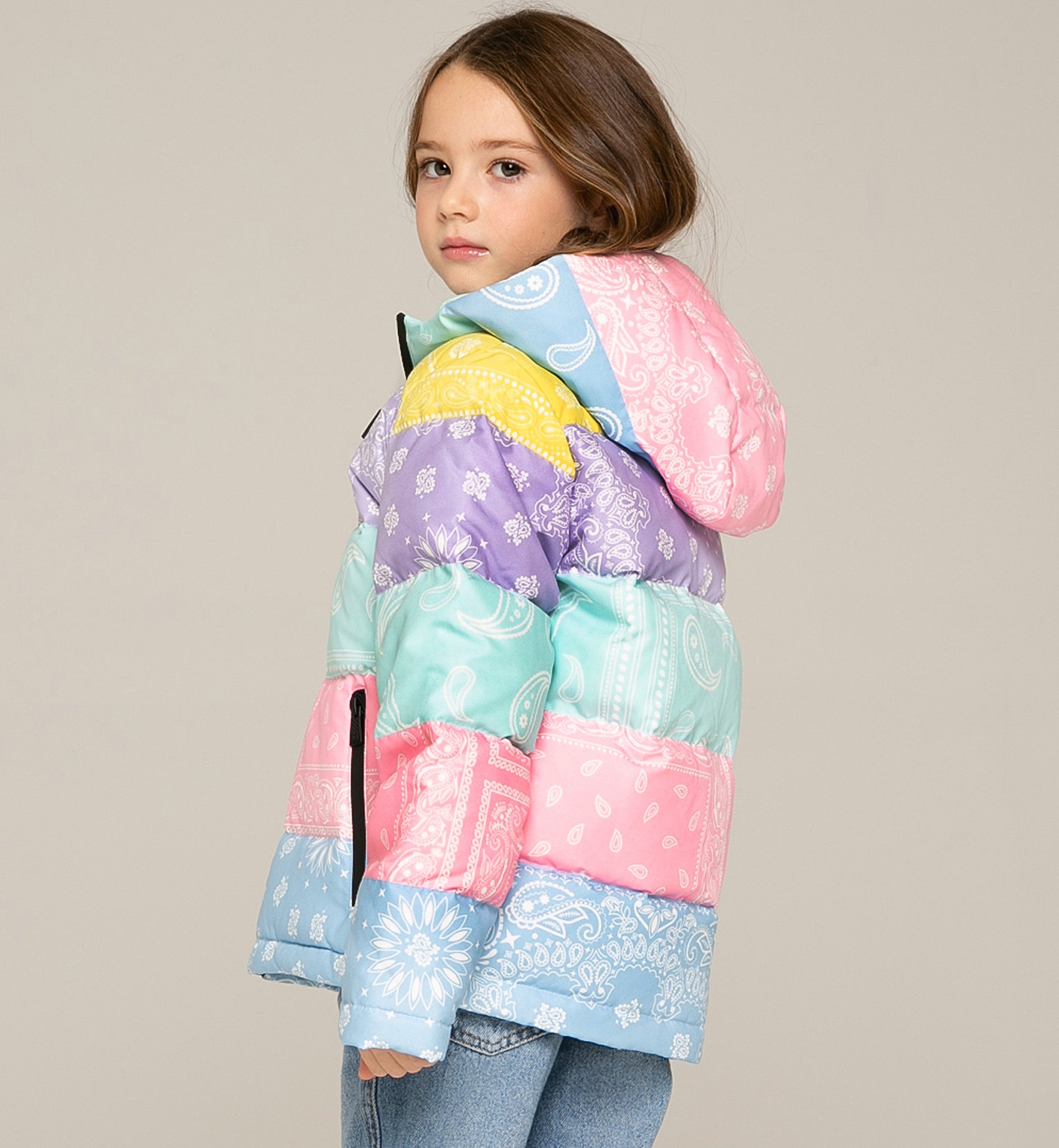 Girl Hooded Down Padded Jacket Bandanna Print
